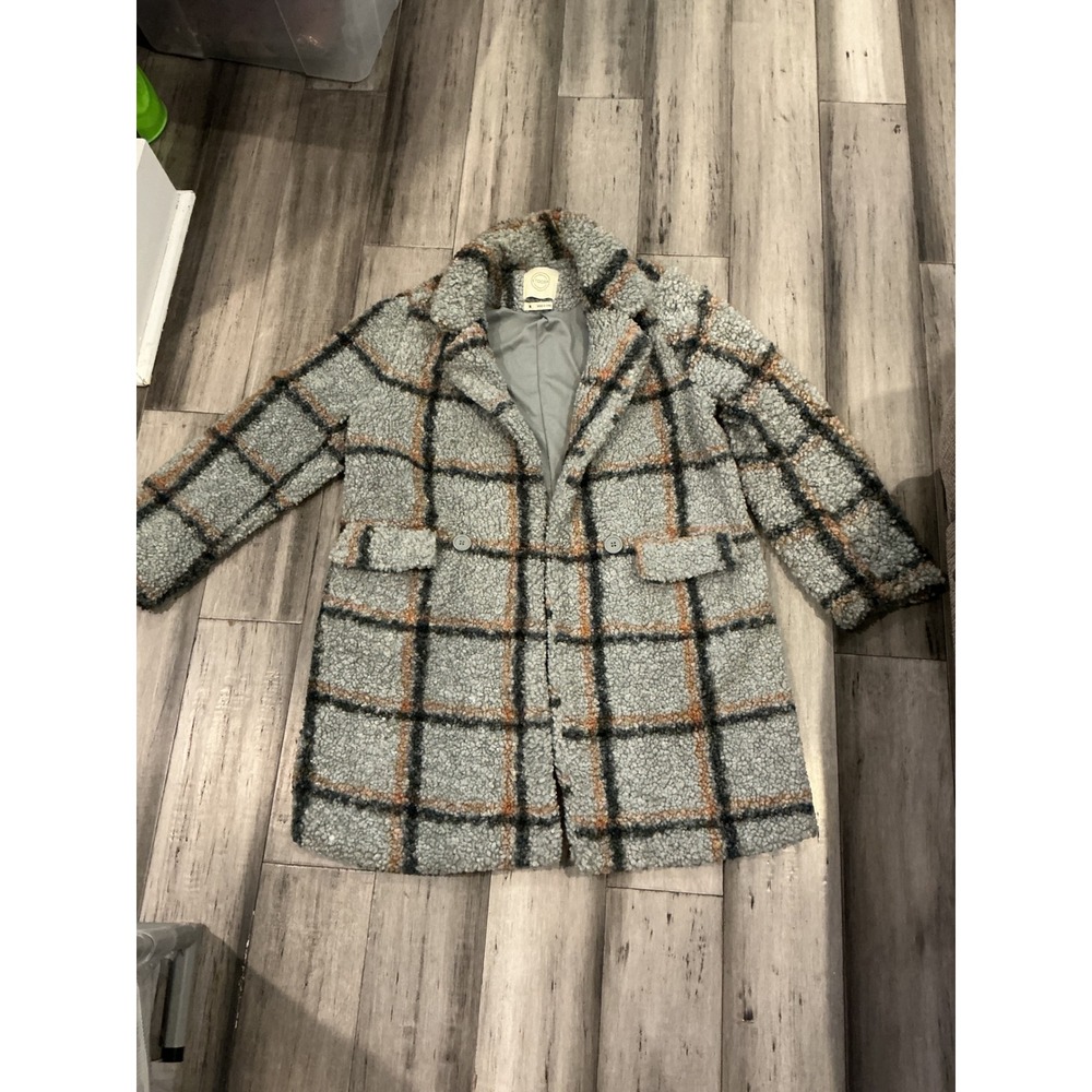 Stoosh Womens Grey Plaid Teddy Coat Sherpa Faux Fur Jacket Size M Notched Lapel